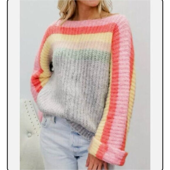 POL Pastel Pink Chunky Rainbow Cake Striped Oversized Sweater Small - Picture 2 of 16